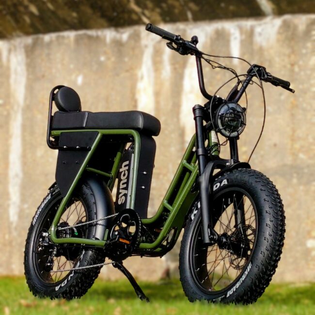 Synch 2 seater electric bike - the Longtail ST in green on stand on grass